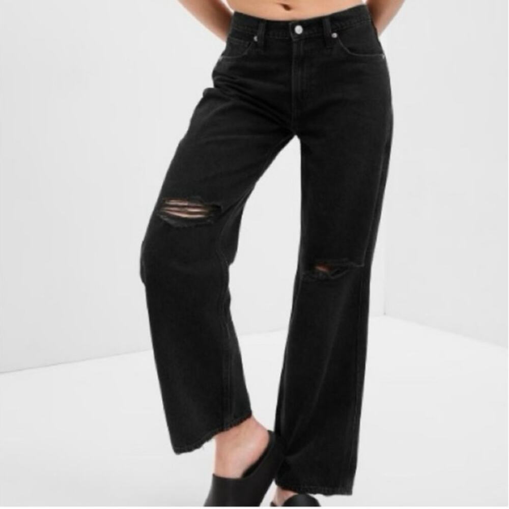 Gap Women’s 10 Distressed Low Rise Baggy Jean 30 Black Wash 601160